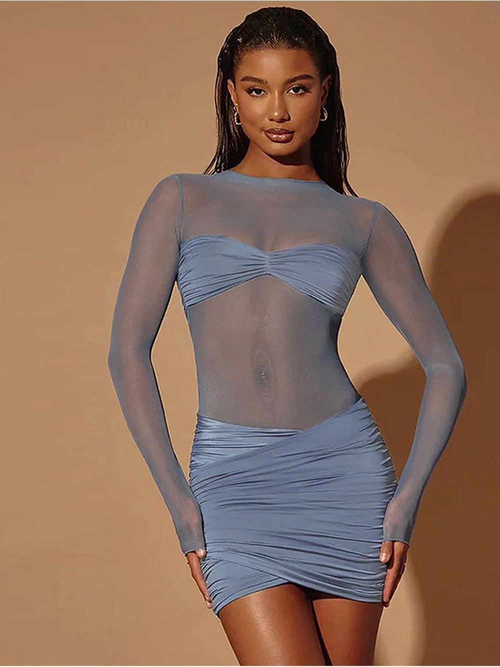 Blue Sheer Long Sleeve Ruched Mini Dress
